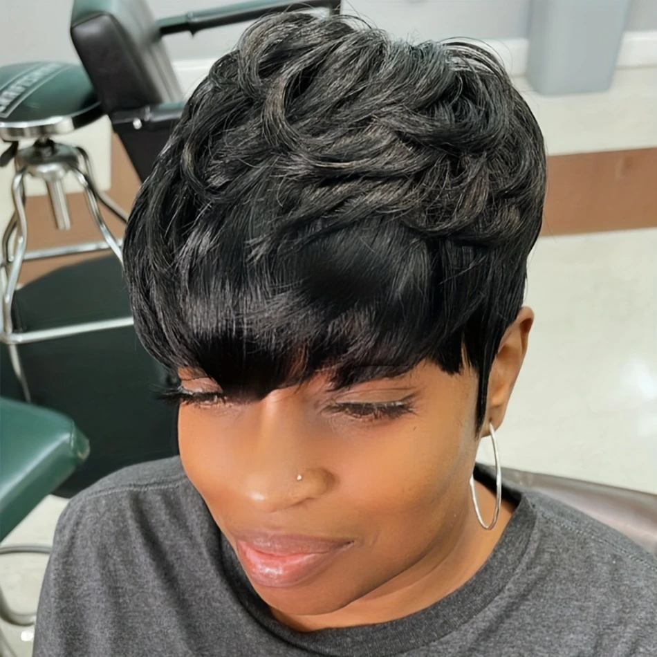 ピクシーカットストレート人毛ウィッグ女性のためのフルマシンメイド人毛ウィッグ 150% 密度 6 インチ