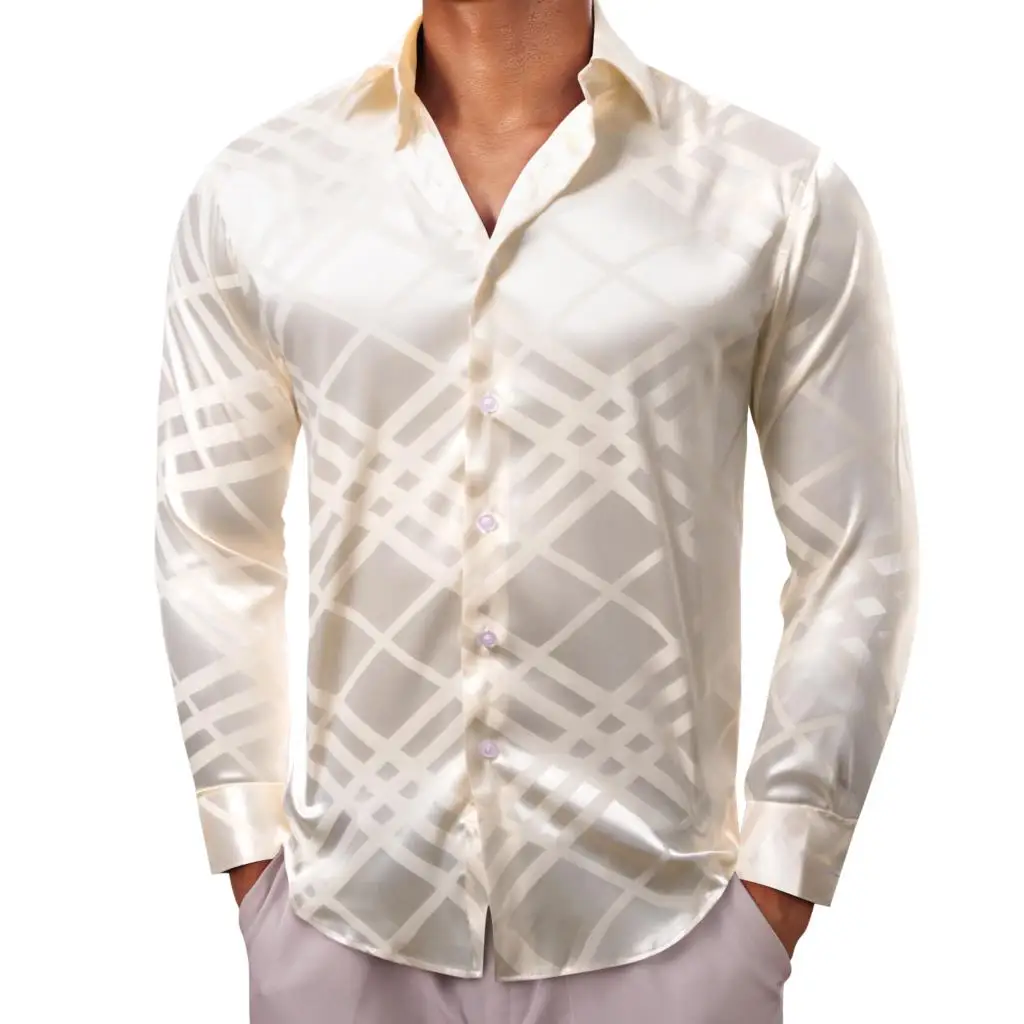 Luxury Shirts for Men Silk Satin Beige Plaid Long Sleeve Slim Fit Male Blouses Trun Down Collar Tops Breathable Clothing