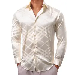 Camisas de lujo para hombres, blusas masculinas ajustadas de manga larga a cuadros Beige de satén de seda, cuello de plumón, Tops transpirables