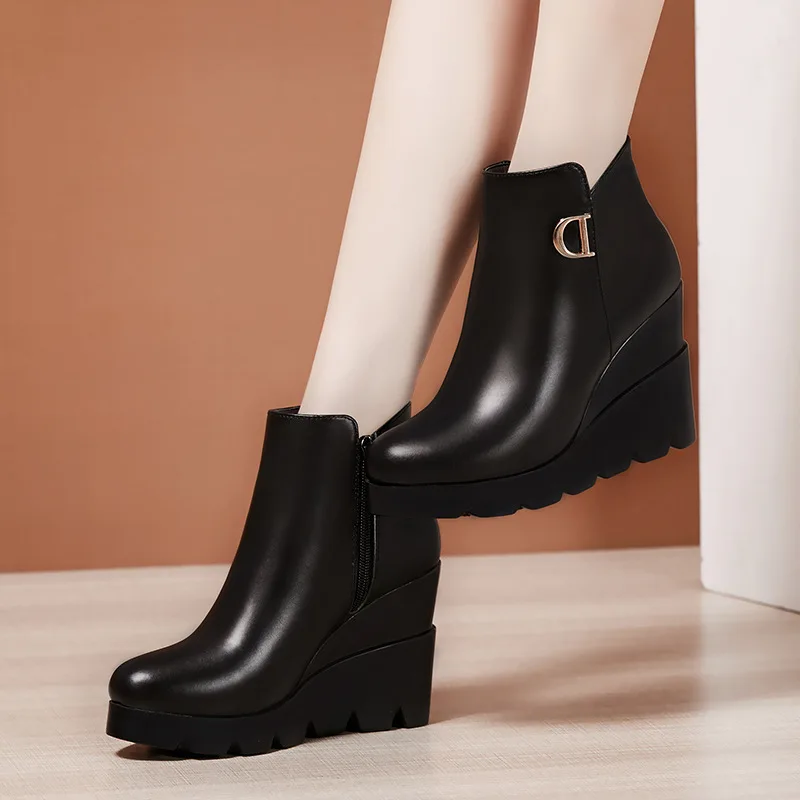 High quality short ankle leather wedge boots for women 9cm high heel platform 2024 autumn winter 39 40 elegant shoe black