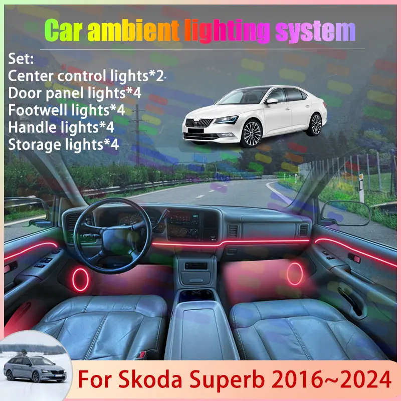 

Для Skoda Superb MK3 B8 3V 2016 ~ 2024 2017 2018 2/18 в 1 автомобильный атмосферный светильник RGB абажур ансамбль стример атмосферный набор