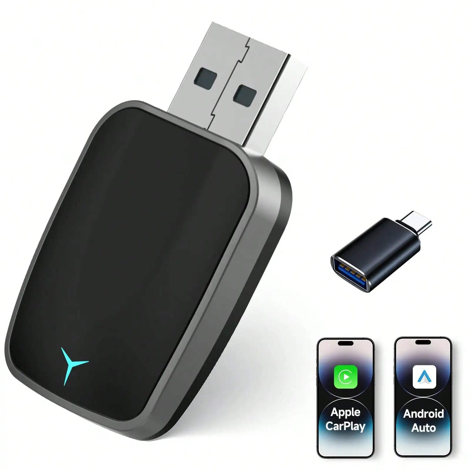 

2-in-1 Wireless CarPlay & Android Auto Adapter, plug-and-play dongle with fast auto connection and zero delay. Compact body with USB & USB-C ports, compatible with iPhone and Android phones, great for upgrading your car audio system.