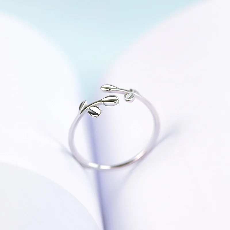 925 Silver Ring Female Sprouting Branch Tree Leaf Index Finger Ring Adjustable Open Ring Accessories