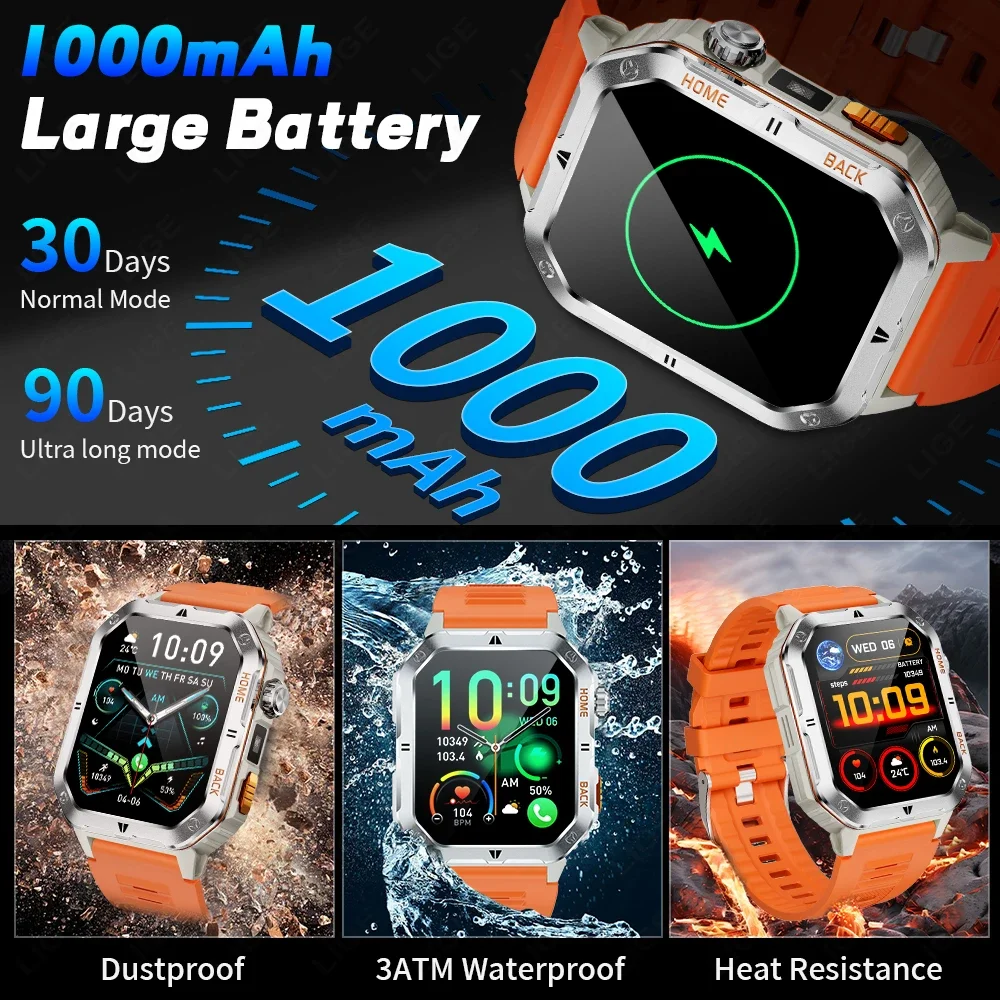 Military Smart Watch Men 1000mAh Large Battery LED Flashlight Watch 2.01-inch HD Screen Heart Rate Waterproof BT Call Smartwatch