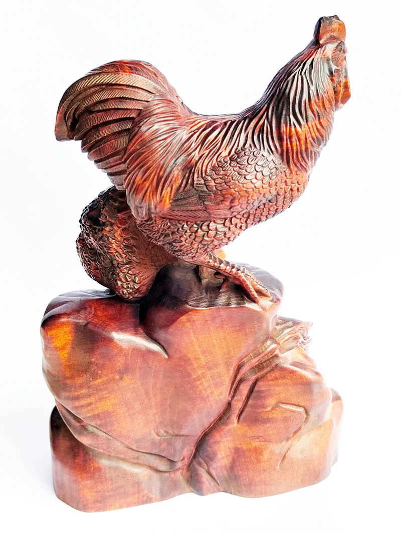 BY112 - 15 CM Tall Boxwood Figurine Carving: Rooster Cock and Hen Family