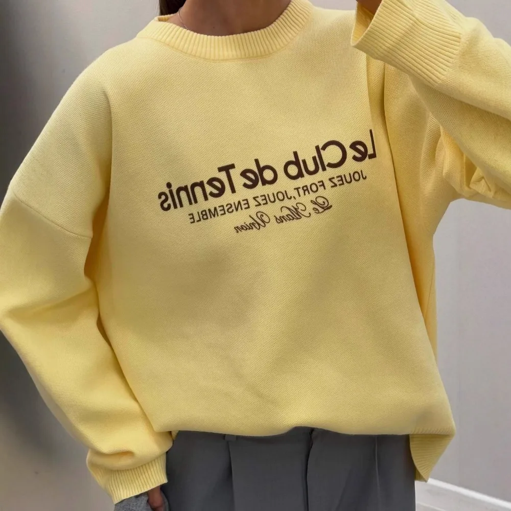 

Свитер оверсайз с вышивкой в стиле ретро, осенне-зимний женский элегантный свободный толстый теплый однотонный повседневный офисный повседневный вязаный свитер