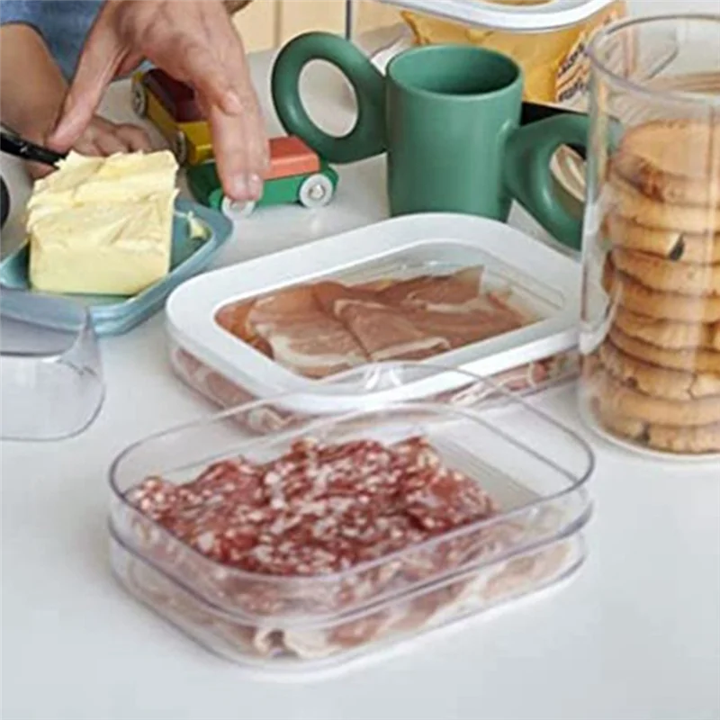 Caja de almacenamiento de piezas de carne de 3 niveles, tapa hermética, apto para lavavajillas, 3 capas, 1,6 l