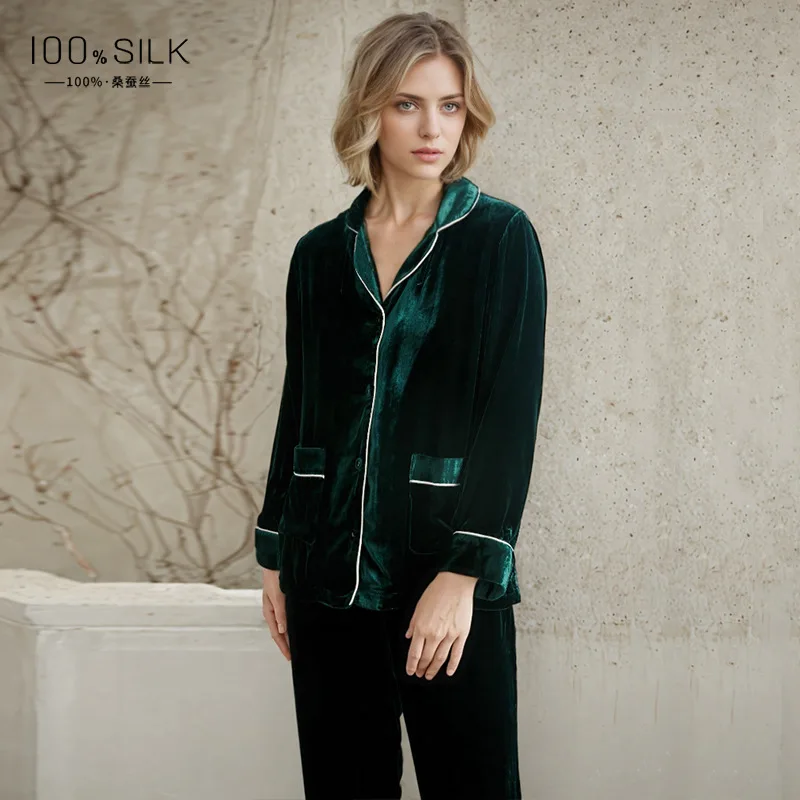 High Quality 2024 Autumn and Winter Pajamas Women's Real Silk Pajama Long Sleeve Heavy Velvet Home Wear Suit in Stock Wholesale