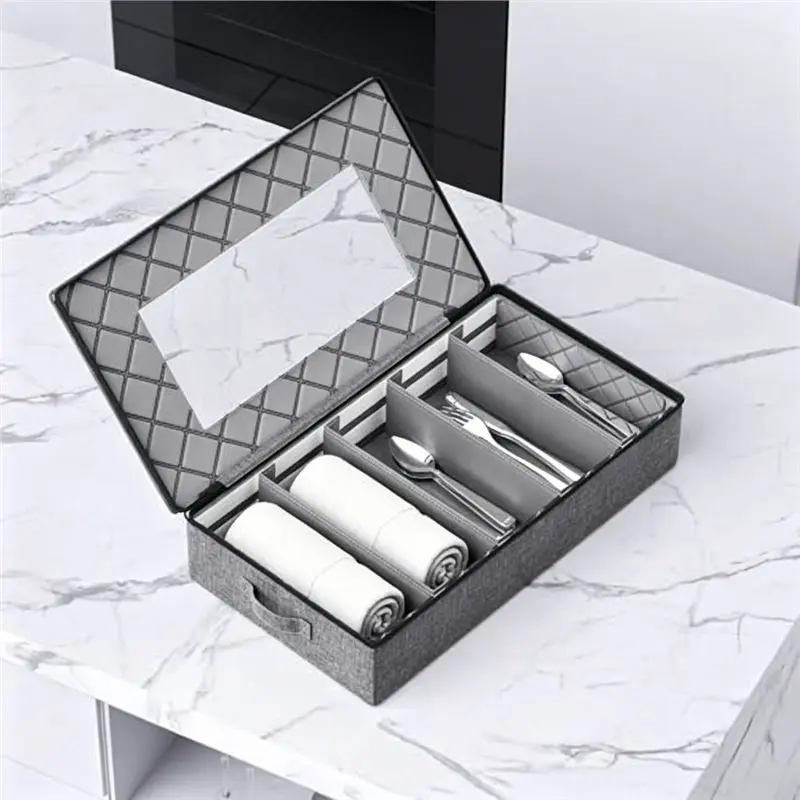 Silverware Storage Box -Adjustable Divider Hard Shell Flatware Organizer with Clear Window and Zipper