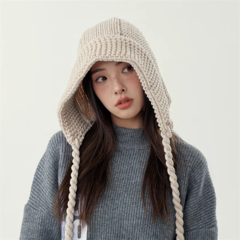 2022 Red Bomber Hat Winter Warm Cute Fried Dough Twist Braid Ear Protection Knit Cap Korean Fashion Ski Women\'s Caps Gorros