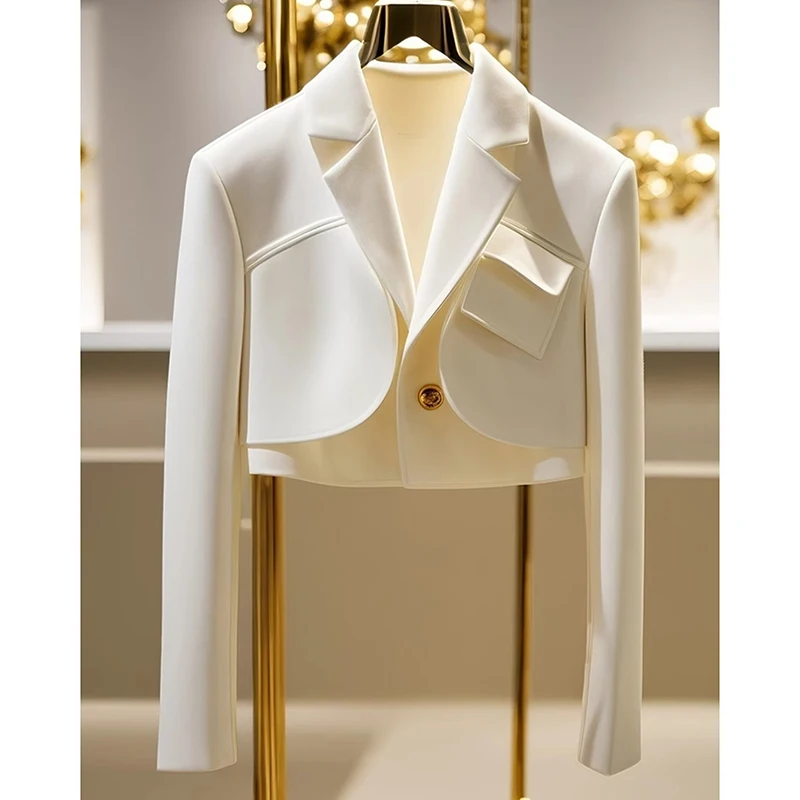 سترة نسائية بيضاء بأكمام طويلة وطية صدر السترة سترة غير رسمية أنيقة بدلة قصيرة معطف خريف 2025 موضة Y2K ملابس خارجية للسيدات