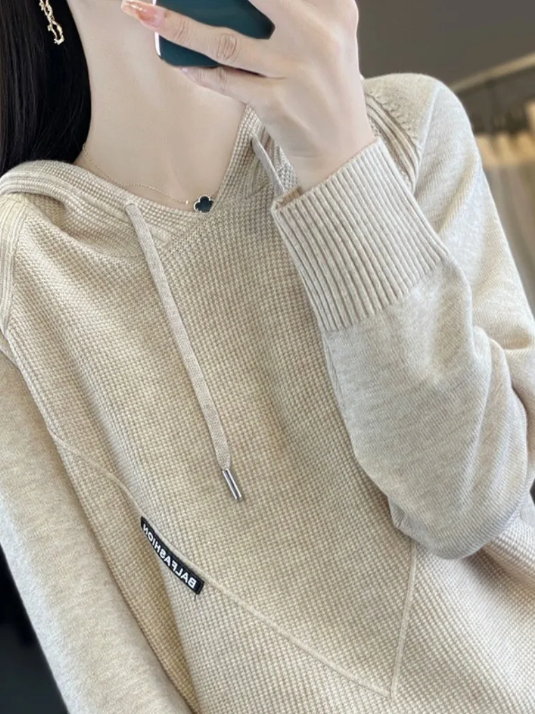 

Casual Loose Knitted Base irt Women's Autumn Winter Versatile Hoodie Comfortable Polyester Camere Blend Long Sve T-irt