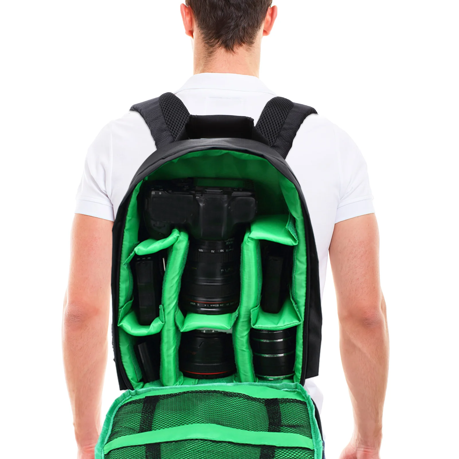 

Camera Backpack Green Waterproof Dslr Bag Multi-Functional Breathable Nylon Padded Straps Rain Cover Dual Zipper External