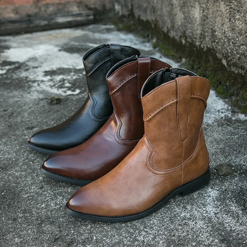 New Arrival Men\'s Cowboy Boots Brown Western Zipper Handmade Ankle Boots for Men Size 38-48 Combat Boots