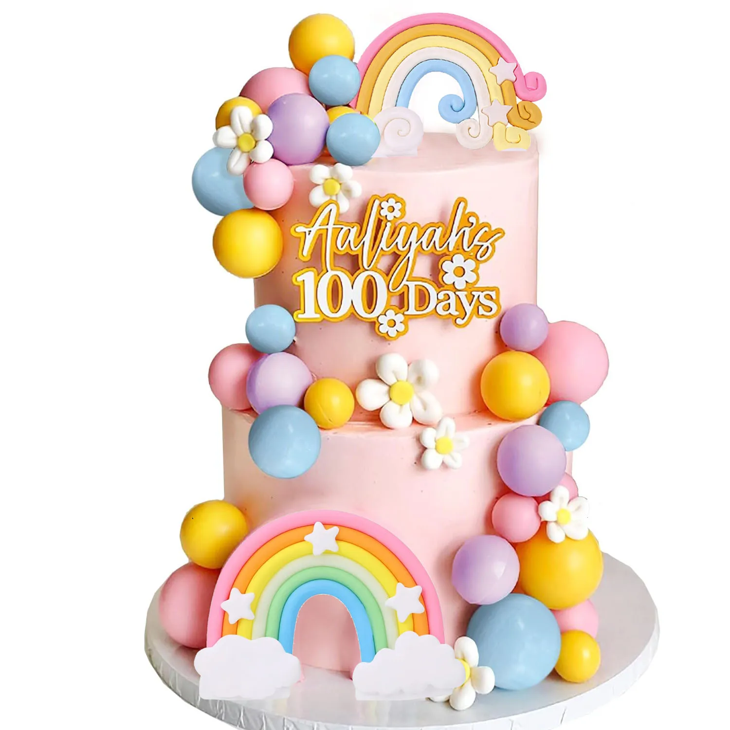 42Pcs Rainbow Cake Topper Balls Personalised Pink Balls Cake Toppers Boho Groovy Cake Decorations Girls Birthday Party Supplies