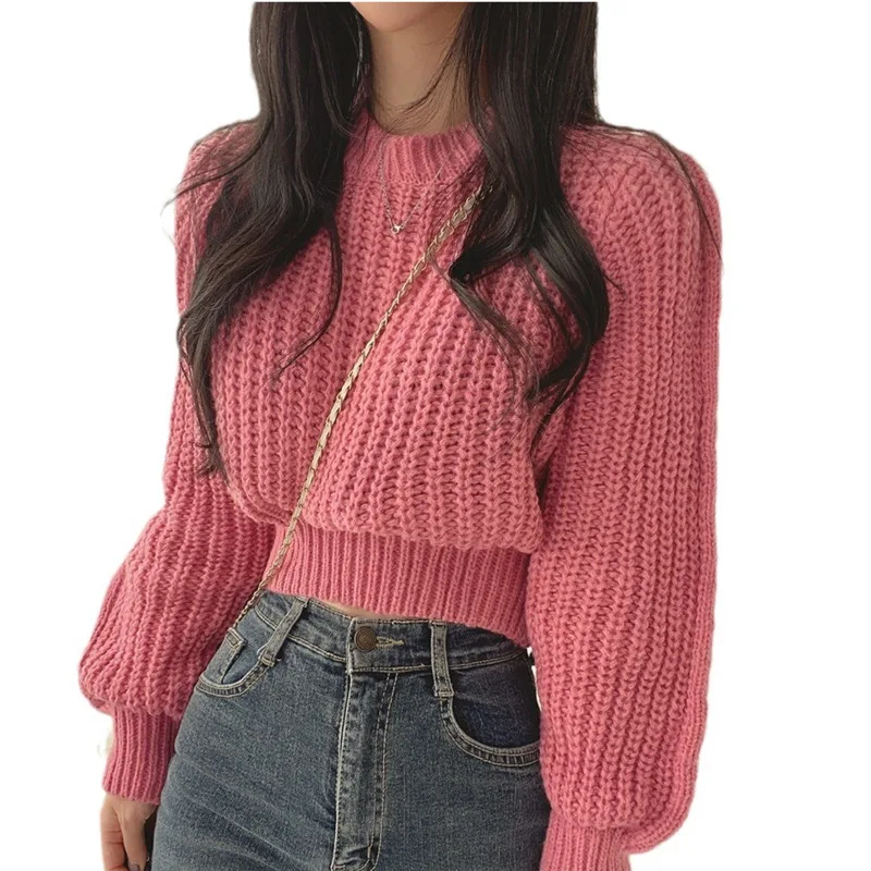 Korean version of age reducing pink bubble sleeve soft glutinous sweater for women, autumn and winter fashion queen style loose