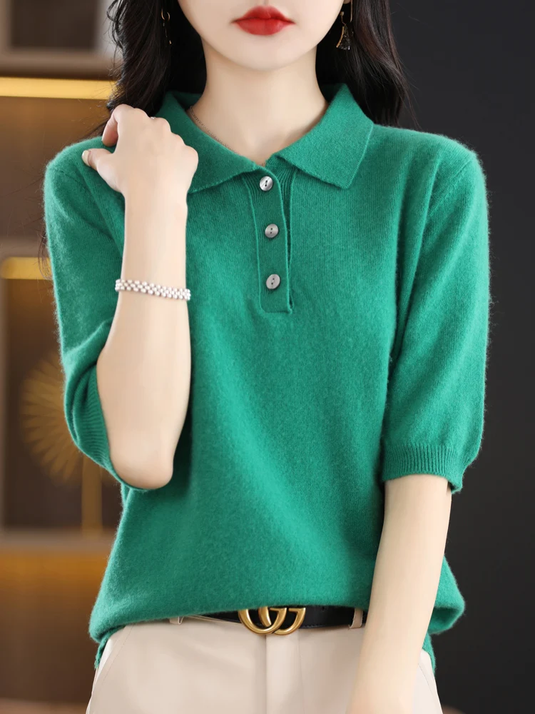 Women Polo Neck Short Sleeve Pullover 100% Merino Wool Knitwear Sweater Female T-shirt For Spring Summer Grace Clothing Tops