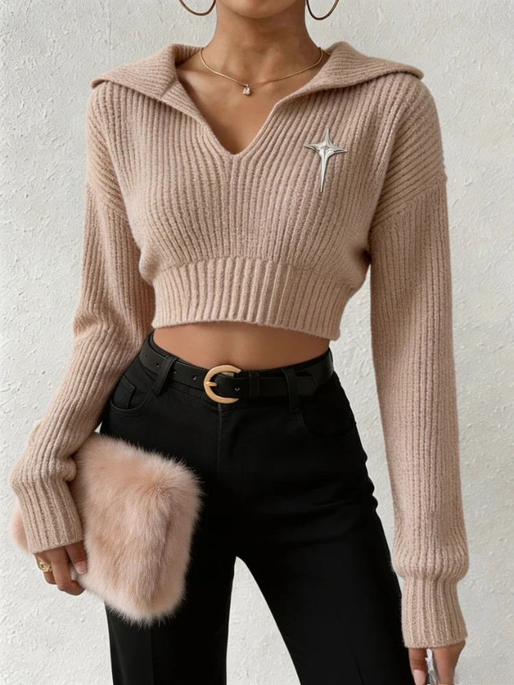 Lapel V Neck Women Waffle Knit Pullover Sweater Long Sleeve Star Brooch Elastic Cropped Slim Casual Autumn Knit Solid Top