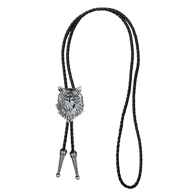 50JB Mens American Leather Rope Bolo Tie Necktie Metal Wolf Head Animal Cowboy Pendant Western Necklace Jewelry Shirt Chain