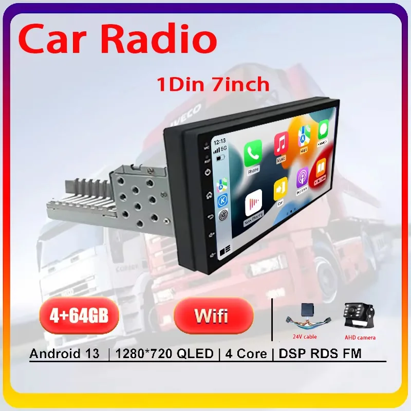 

7-inch 4+64GB Android 1DIN Truck Multimedia CarPlay Android Auto Universal Navigation GPS Bluetooth Radio Sound Stereo