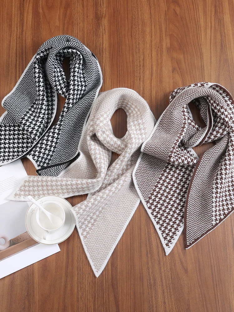 

100% Pure Wool Knitted Beret Hat And Scarf Set Autumn Winter Thickened Cashmere Checkered Pattern Color Block Atmosphere Feeling
