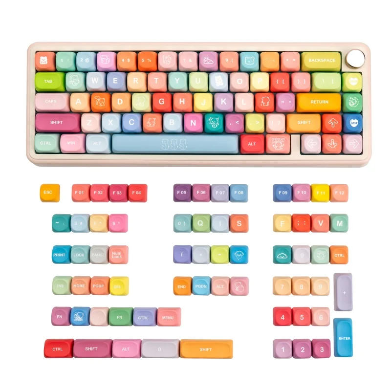 Teclas temáticas de urso fofo, 133 teclas, moa cereja, perfil pbt, sublimação térmica, teclado mecânico personalizado, arco-íris