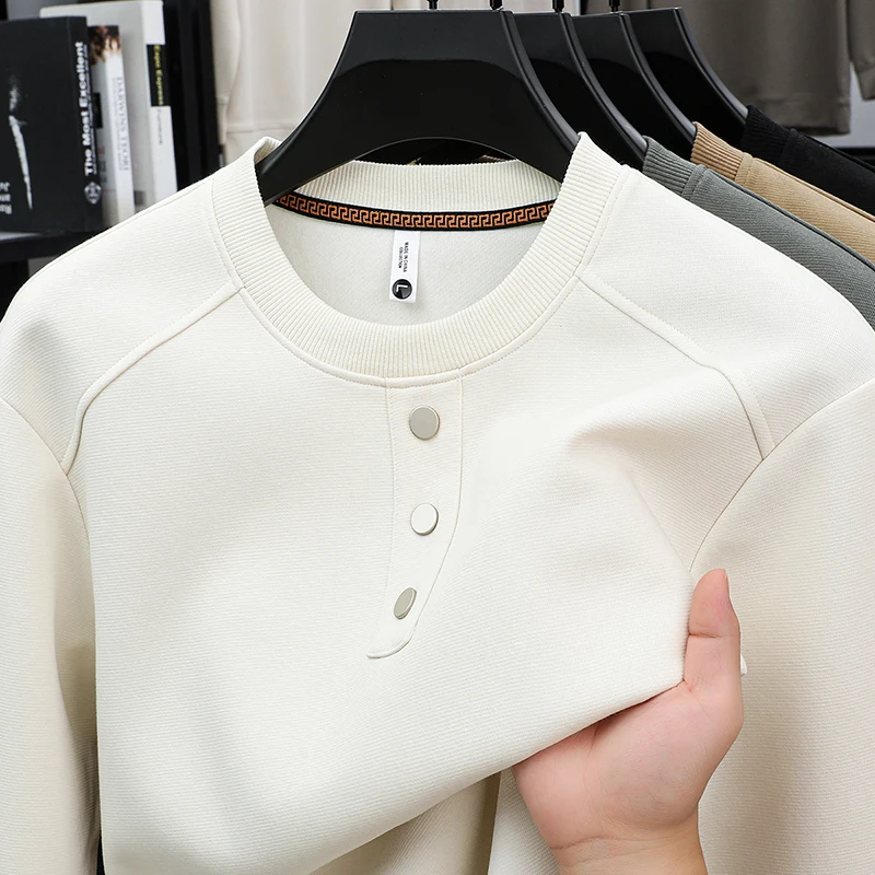 

Luxury Men Long-Sleeved T-Shirt Mock Neck Solid Color Button Autumn New Hoodie British Style Hot Fashion Casual Men's Clothing