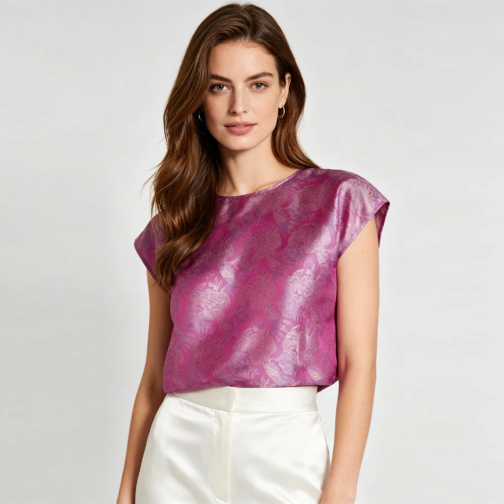 Women's Casual Summer New Purple Pomegranate Flower 100% Natural Mulberry Silk Song Brocade Round Neck Short Sleeved T-shirt