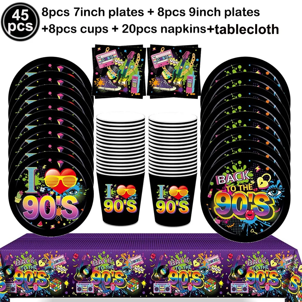 90er Jahre Retro Thema Party Dekor Einweggeschirr Teller Tassen Servietten Tischdecke Kuchen Topper Disco Musik Party Dekorationen – Detail 2