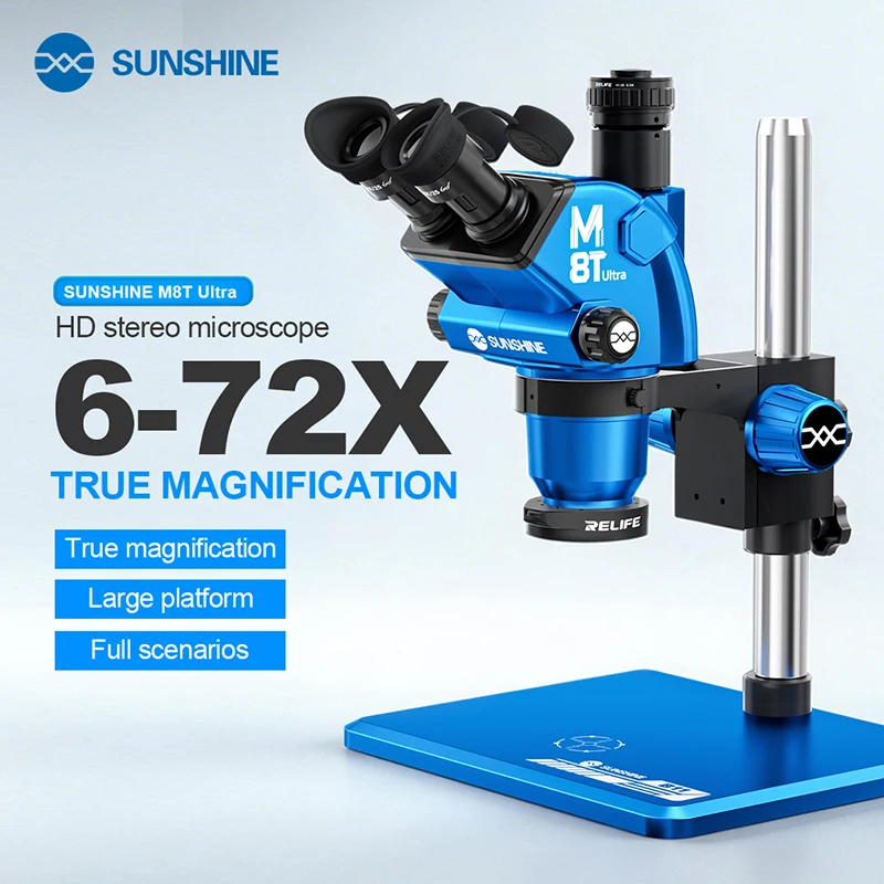 Microscopio estéreo trinocular SUNSHINE M8T Ultra 6-72X con columna de elevación ajustable de 350 mm, compatible con cámaras convencionales