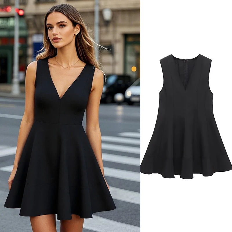 GELITAYIN Black Evening Dress SpringFall Deep V-Neck Sleeveless Ruffle Hem Elegant Office To Dinner Outfit