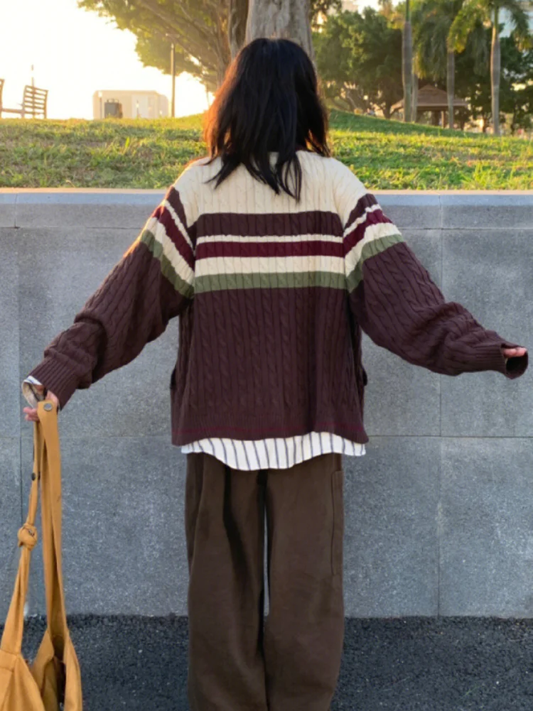 Y2k Aesthetic Vintage Tassel Knitted Cardigan 2024 Spring Oversize Loose Contrast Women Sweater Zipper Harajuku Cardigans Femme