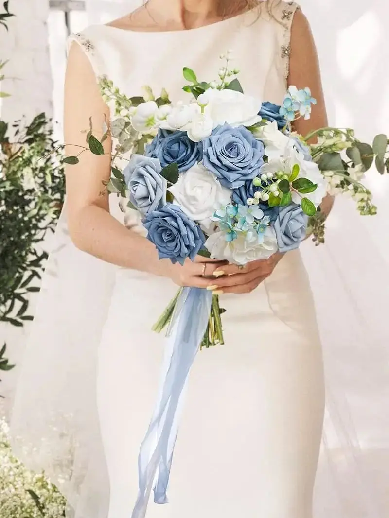 White blue rose artificial flower combination box set, bride bouquet, outdoor/indoor DIY center item, used for decoration