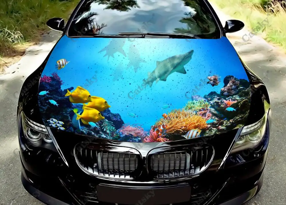 Underwater World Animal Print Car Hood Vinyl Stickers Wrap Film Engine Decals Universal Auto Accessories Hood Protective Cover