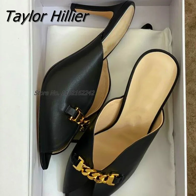 New Shallow Mouth Retro Pointed High Heel Slippers Open Toe Metal Chain Stiletto Mules Casual Outer Wear Summer Sandals Custom
