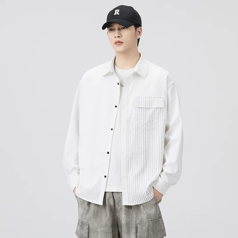 جديد الرجال المرقعة اللون كتلة قميص عالية الشارع غرامة شريط تصميم قميص الرجال فضفاضة تناسب تنوعا عادية طويلة الأكمام قميص