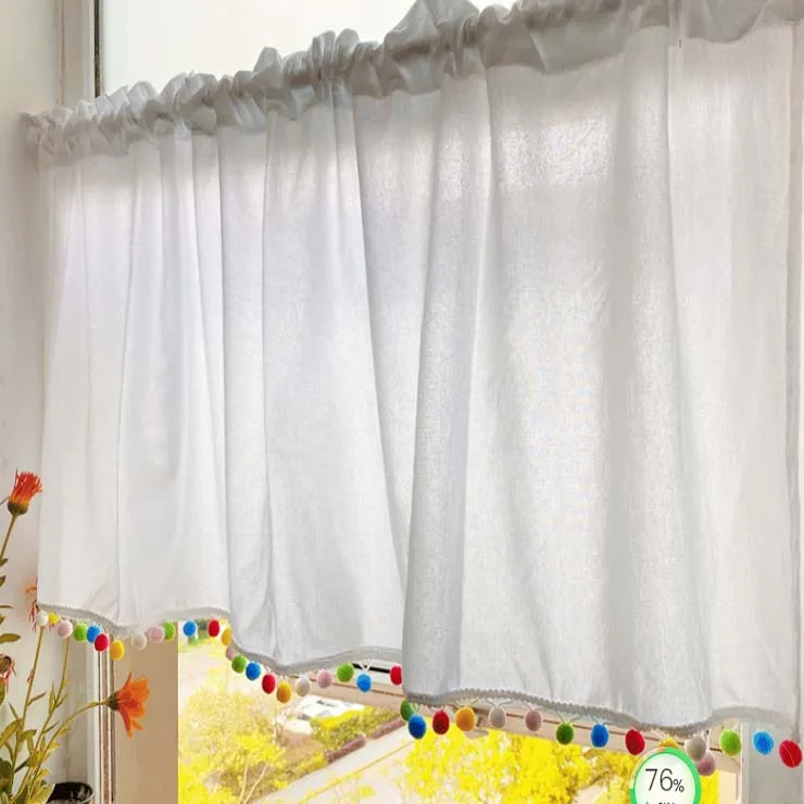 French Short Curtains for Living Room Kitchen Door Coffee Tulle Curtain with Pompom Drapes Simple Blinds Window Valance Decor