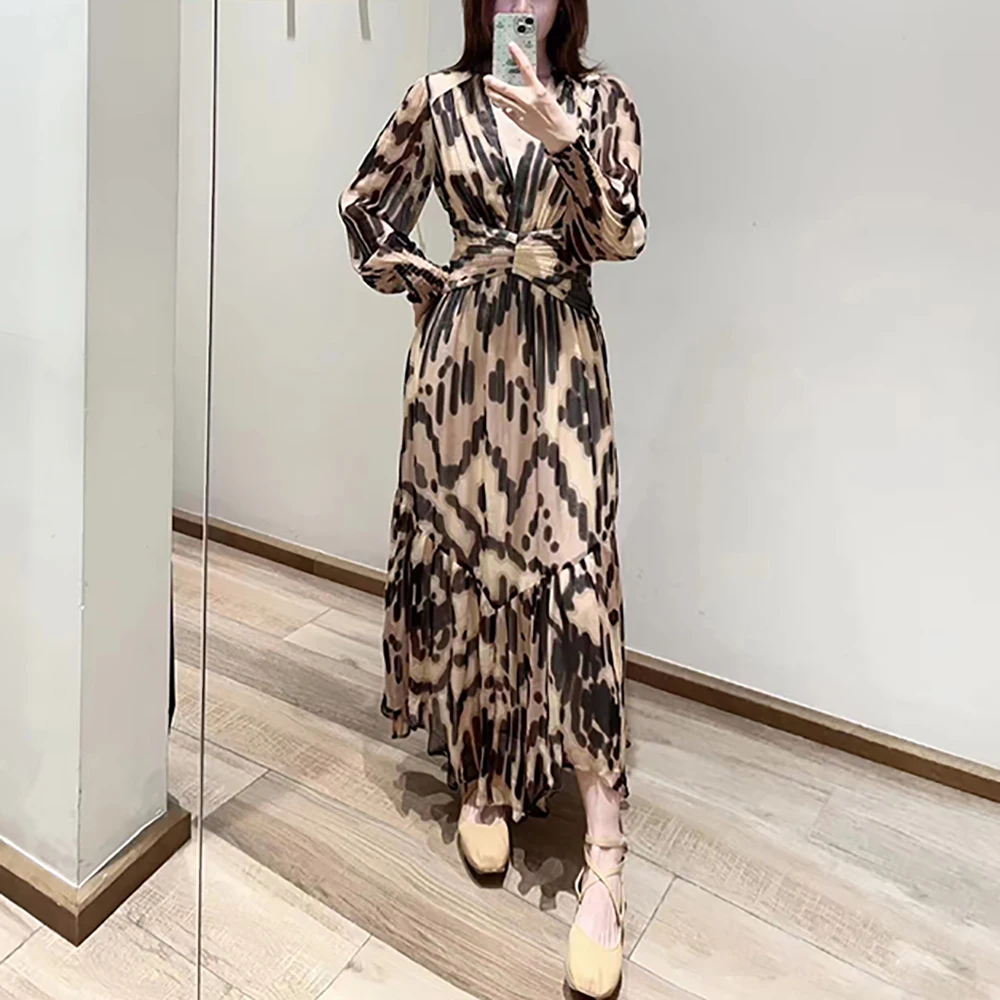 

Модное женское платье с леопардовым принтом Y2K, плиссированное облегающее элегантное платье с v-образным вырезом и длинными рукавами, осень 2021, новое поступление