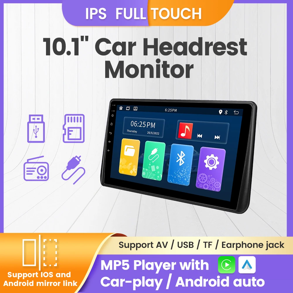 10.1 Inch Touch Screen Car Headrst Monitor MP5 Player Support Wire Carplay Android Auto Mirror link FM Stereo Audio AV/USB/TF/