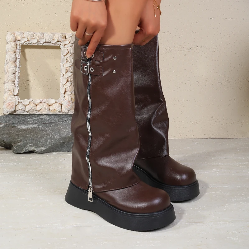 أحذية بمقدمة كبيرة للنساء أحذية كومة بنمط رائع ونعل سميك أحذية غربية فوق الركبة أحذية طويلة عالية الأنبوب Ridin