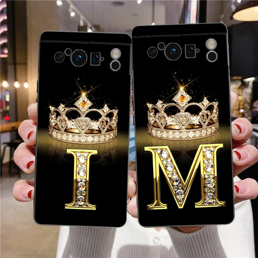 Phone Case For Google Pixel 8 7 6 Pro 8A 7A 6A TPU Shell Soft Silicone Shockproof Black Cover Diamond Crown Letter 26 Letters