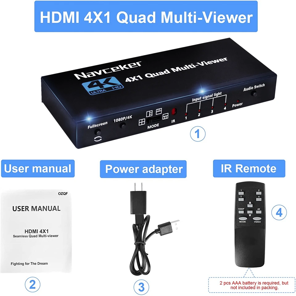 Navceker KVM HDMI-compatible Multiviewer 4K 4 In 1 Out 1080P Quad Screen Multi Viewer HDMI Multi-Viewer Seamless Switch with IR