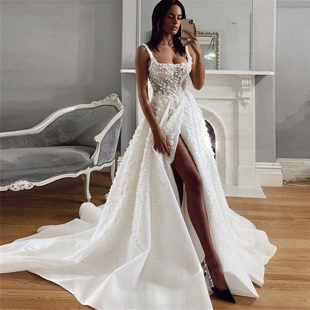 Robes de mariée simples avec bretelles spaghetti, ligne de fibrA, col carré, fente latérale sexy, patients, sur mesure