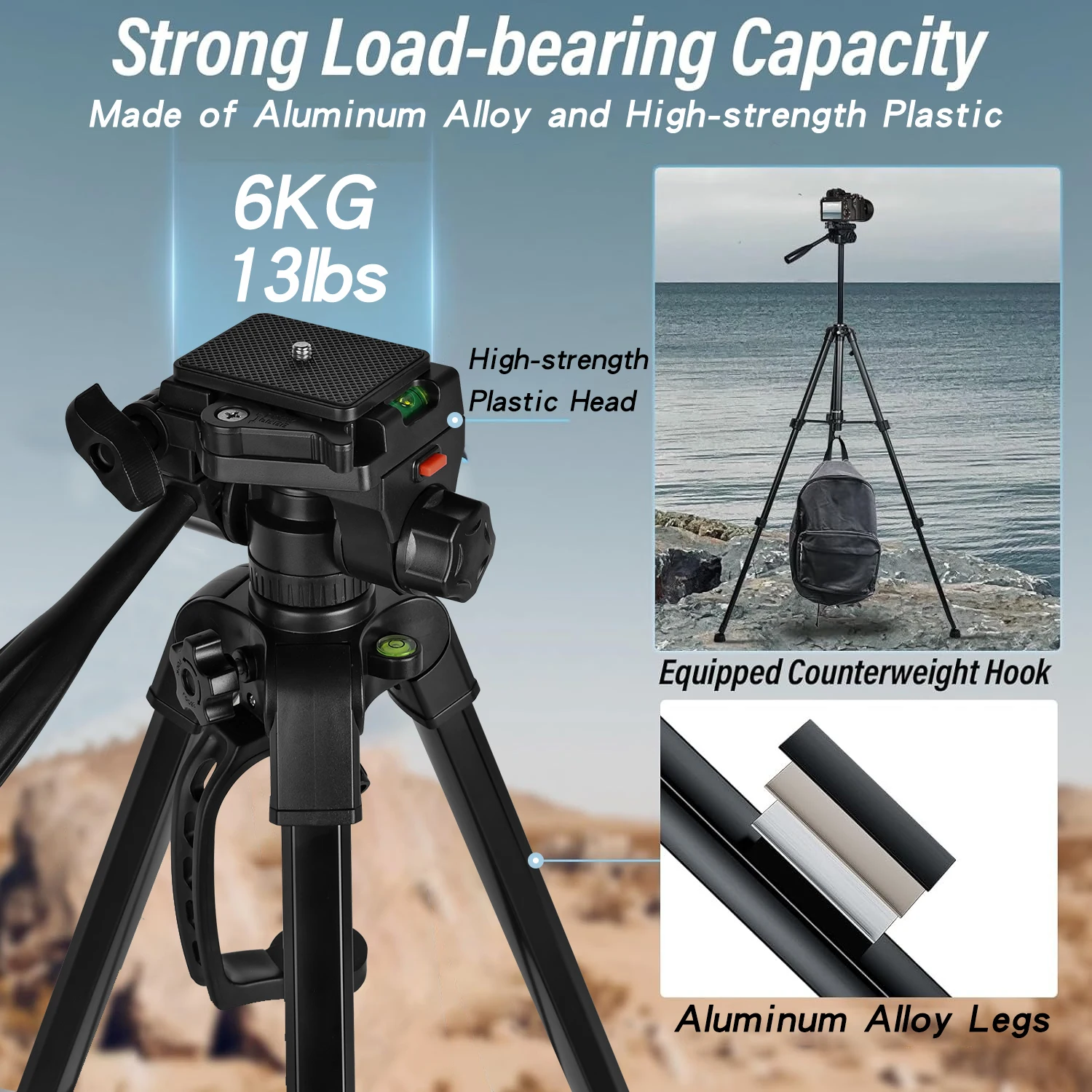 XRDKJ Lightweight 57" Adjustable Laser Level Tripod with Rotating Head, Portable Handle, Bubble Level, Quick Release Plate