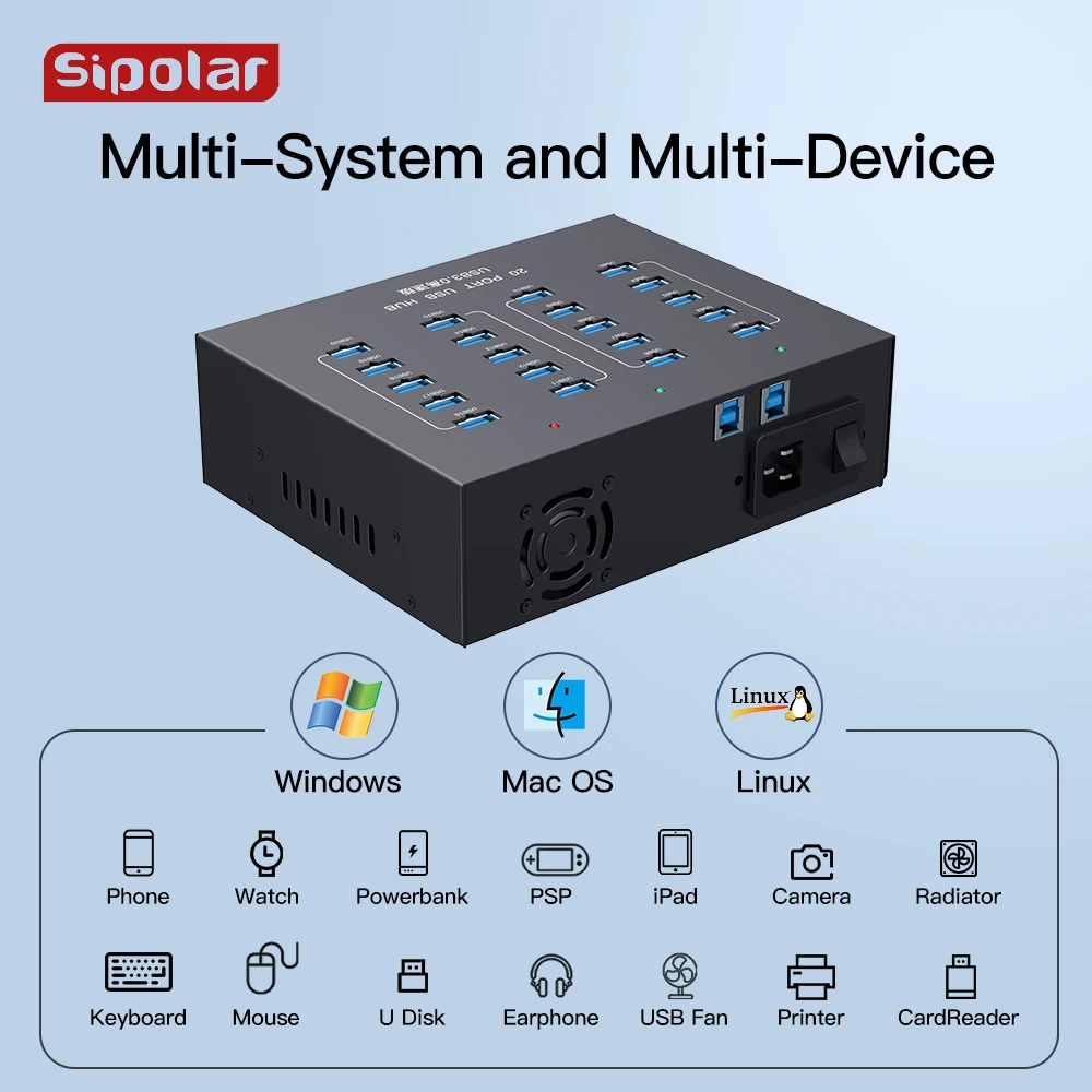 Sipolar A-213P 20 PORTS USB 3.0 HUB USB charger with  Power supply for mobile phone refurbish charging and recycle
