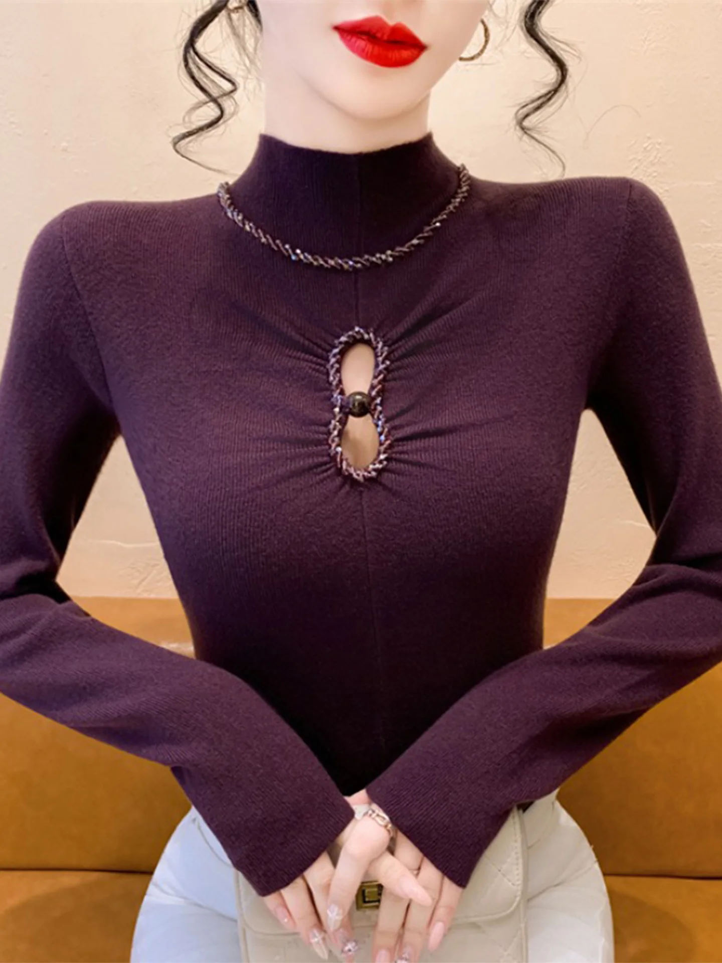 

Сексуальный вязаный базовый свитер из бисера, женский осенне-зимний облегающий свитер с высоким воротником, украшенный бриллиантами