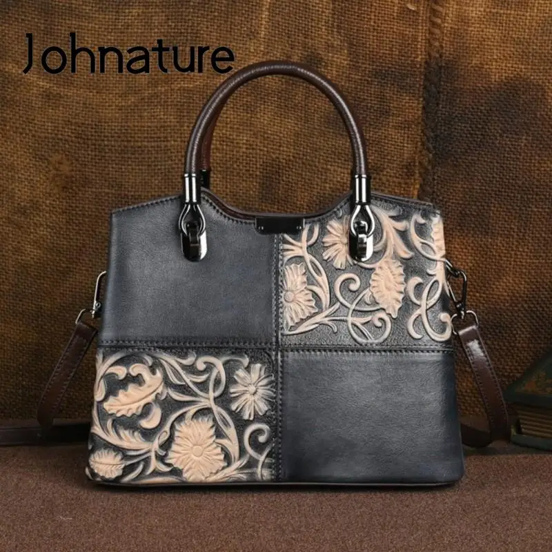 Johnature 2024 New Genuine Leather Women Bag Retro Embossed Handbag Hand Brushed Versatile Real Cowhide Leisure Shoulder Bags