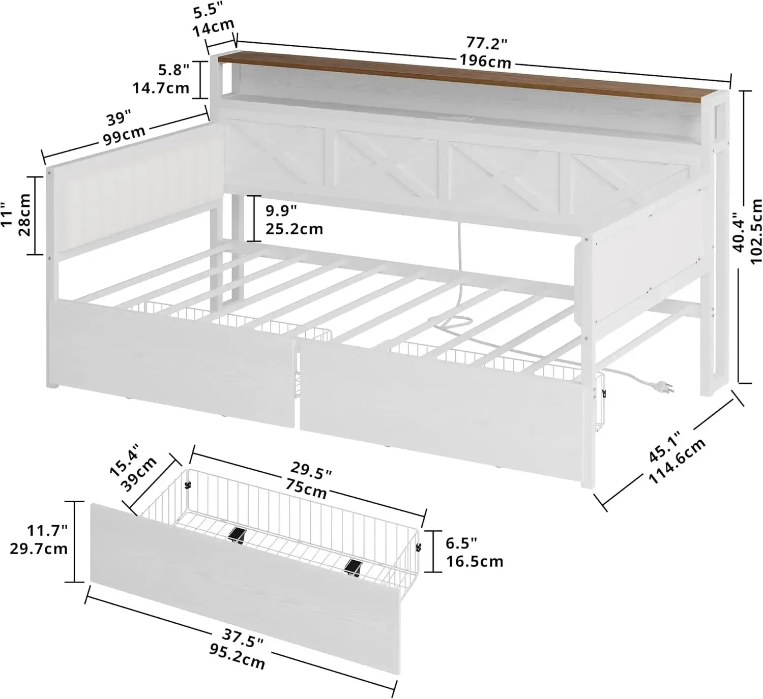 win win Size Daybed with Storage Drawers, Sturdy Metal Bed Frame with X-Shaped Headboard and Charging Station, Upholstered Farmhouse - Aliexpress Deal