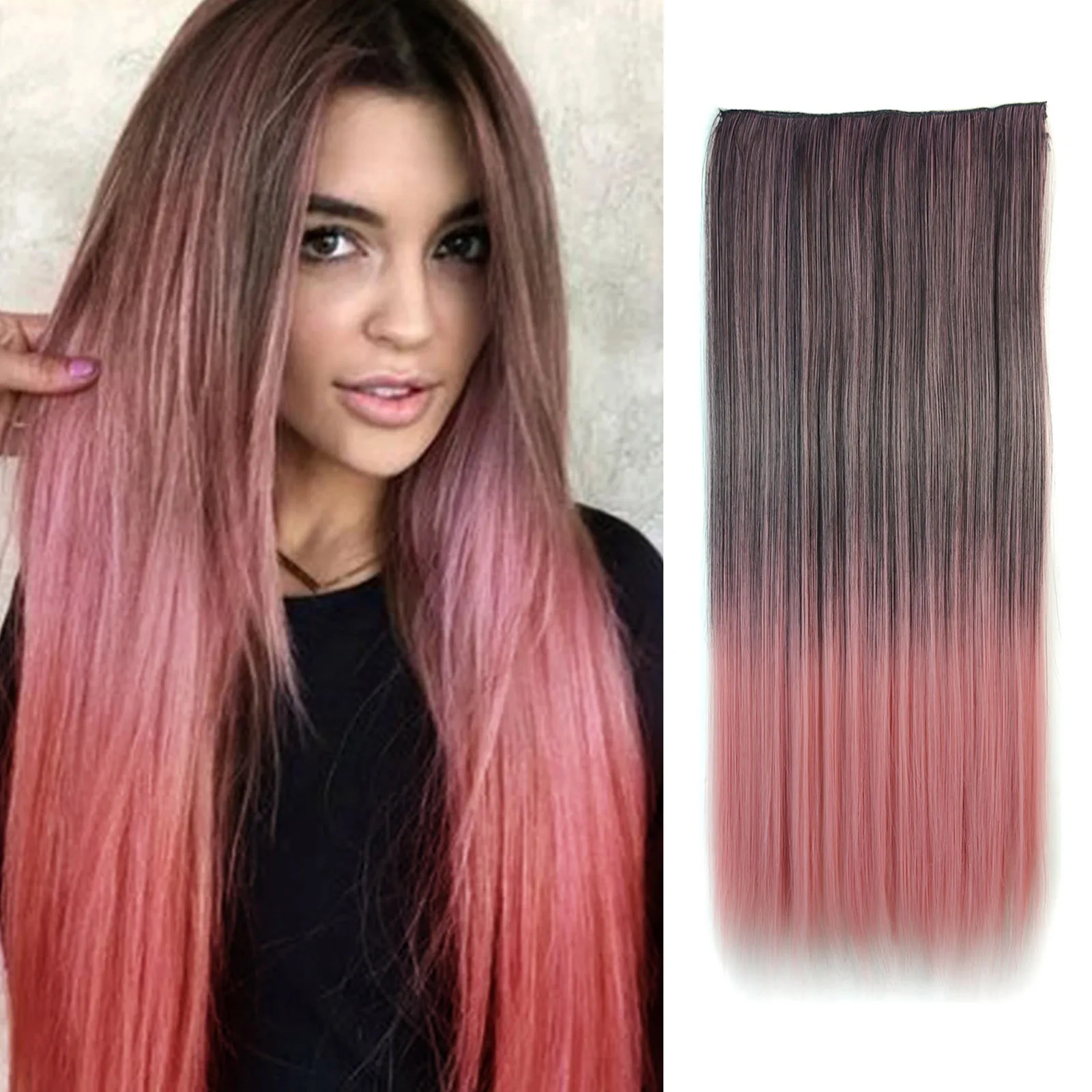 Zolin Straight Hair Clip In Hair Extension Rainbow Colorful Ombre Color One Piece With 5Clips Synthetic Cosplay Hairpieces