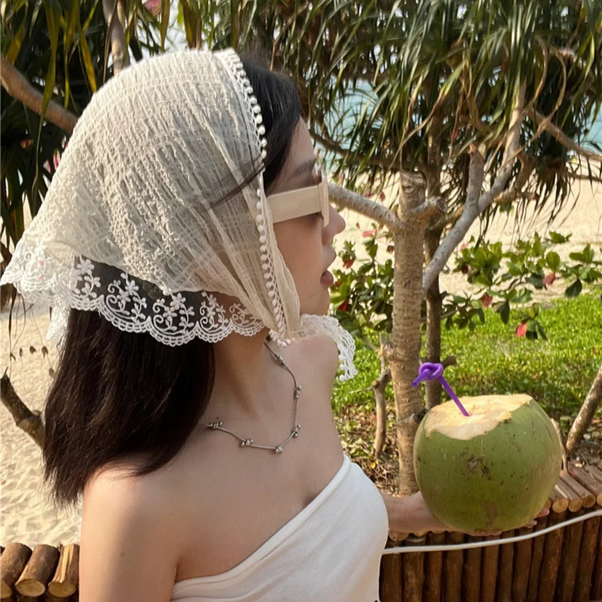 Sweet Girl Lace Scarf Summer Sun Protection Thin Breathable Pastoral Headscarf Floral Ribbon Wrap Hair Triangle Turban Femme